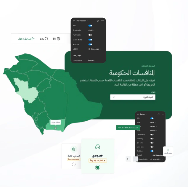 مشهد من نظام التصميم الوطني: خريطة المملكة، وخدمة المنافسات الحكومية بالعربية، والخدمة نفسها على جهازين محمولين.