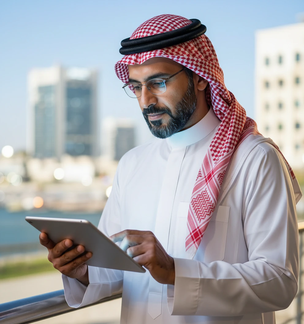 موظف سعودي يقرأ خدمة رقمية على جهاز لوحي، وخلفه أضواء المدينة.