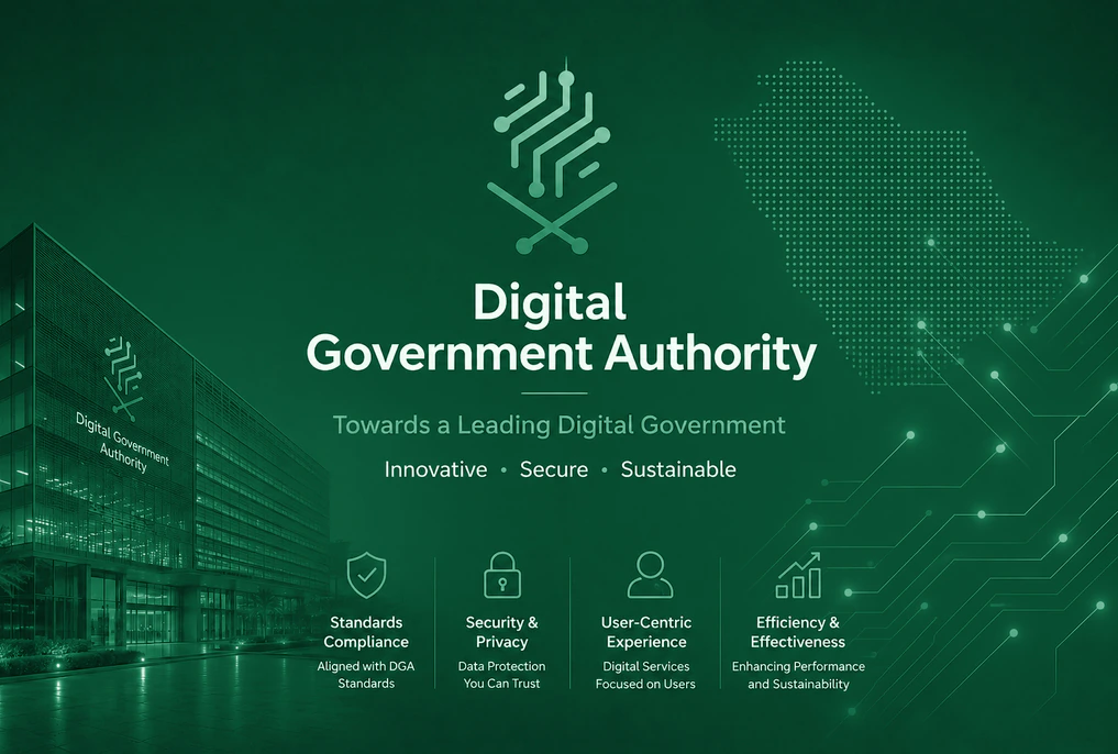 ملصق هيئة الحكومة الرقمية: نحو حكومة رقمية رائدة. مبتكرة، آمنة، مستدامة. أربع ركائز: الالتزام بالمعايير، الأمن والخصوصية، تجربة محورها المستخدم، الكفاءة والفاعلية